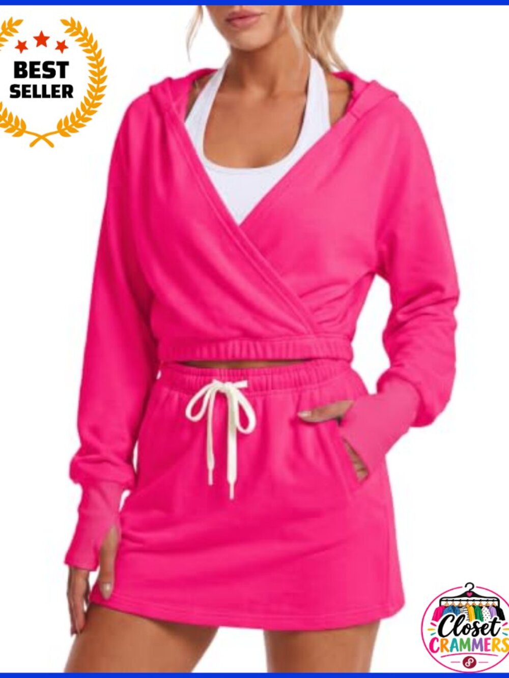 Women's 2 Piece Skirt Set Hooded Wrap V Neck Crop Top A-Line Mini Skort Set